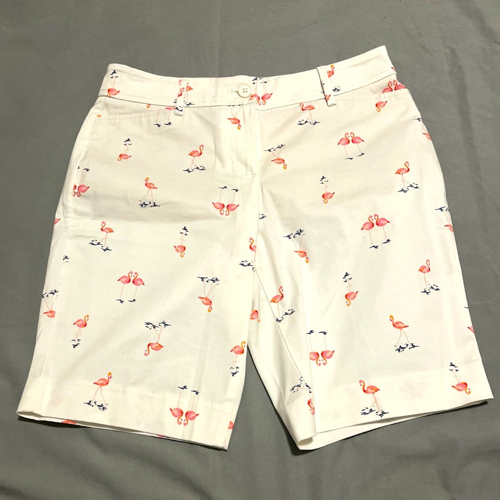 Talbots Women's White Pink Flamingos Chino Shorts 4P Summer Vacation Beach Party